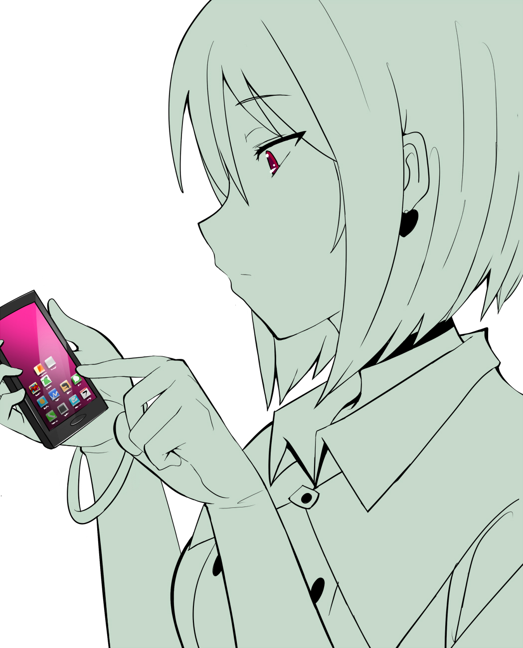 earrings, from_side, highres, jewelry, military, military_uniform, okyou, phone