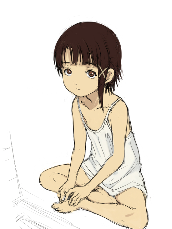 1girl, asymmetrical_hair, barefoot, brown_eyes, brown_hair, closed_mouth, dress, e10