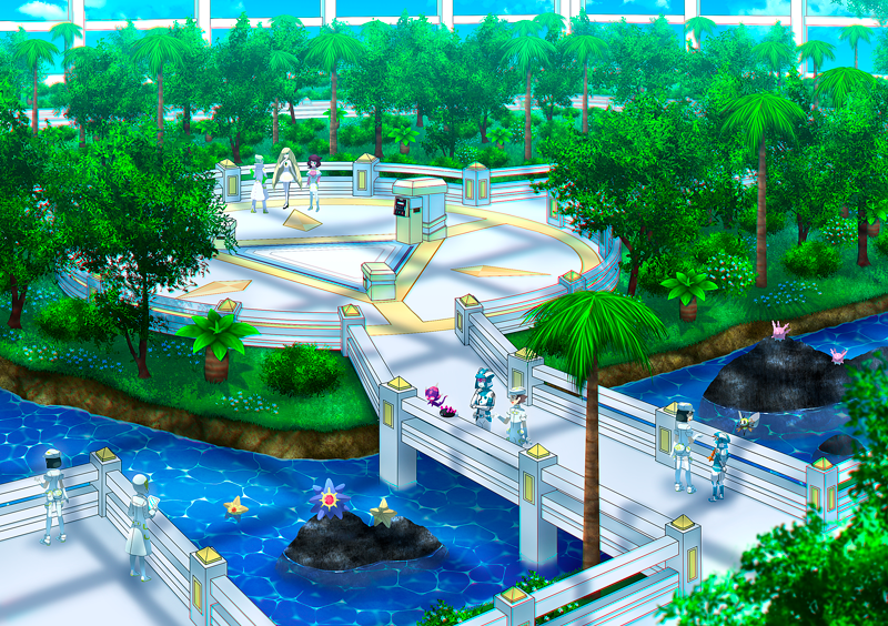 1other, 3boys, 5girls, aether_foundation_employee, banned_artist, bridge, brown_hair, bush