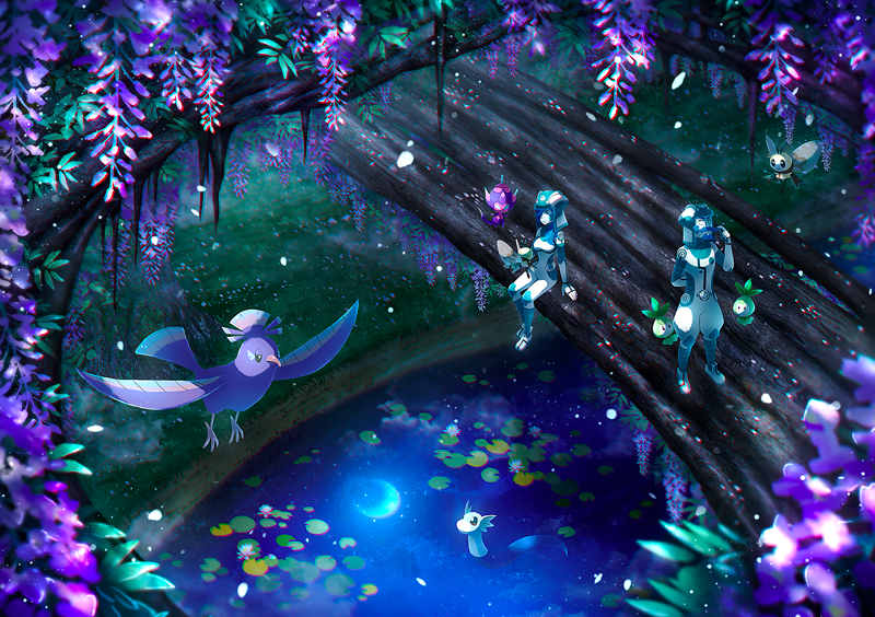 1boy, 1girl, banned_artist, bird, blue_hair, bridge, commentary_request, dratini