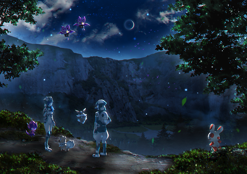 1boy, 1girl, backpack, bag, banned_artist, blue_hair, bush, carbink
