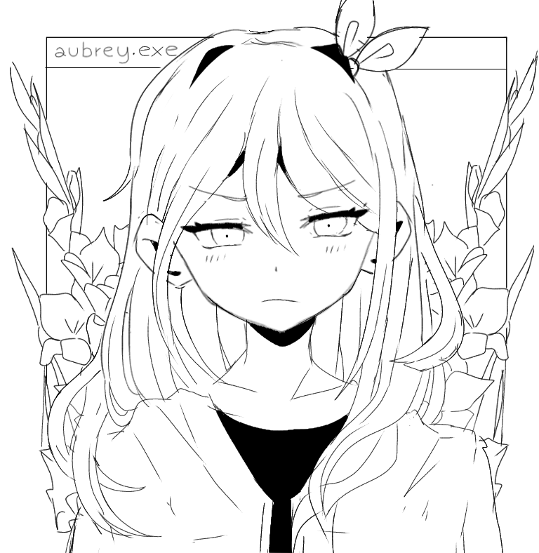 aubrey_(omori), black_shirt, blush, flower, frown, greyscale, hair_between_eyes, hair_ribbon, half-closed_eyes, jacket, lain_(basilomori), lineart, long_hair, looking_at_viewer, monochrome, omori, ribbon, shirt, upper_body, white_background, windows_desktop