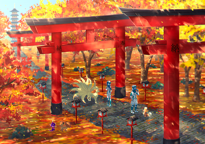 1boy, 1girl, arch, autumn_leaves, banned_artist, boots, bush, commentary_request