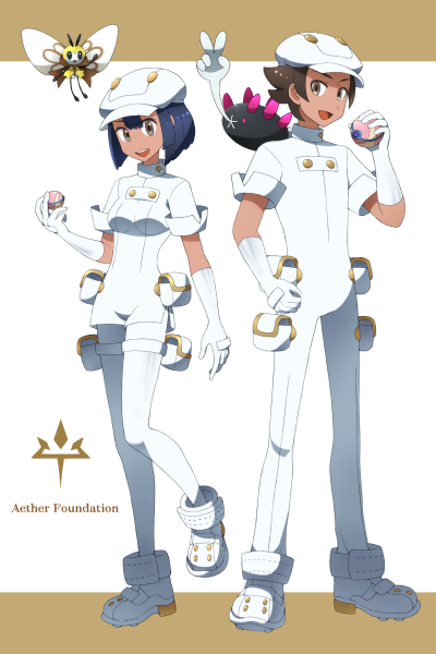 1boy, 1girl, aether_foundation_employee, bangs, banned_artist, black_hair, brown_hair, buttons, commentary_request, dark-skinned_female, dark-skinned_male, dark_skin, dream_ball, gloves, hand_up, hat, holding, holding_poke_ball, jumpsuit, nin_(female), poke_ball, pokemon, pokemon_(creature), pokemon_(game), pokemon_sm, pouch, pyukumuku, ribombee, shoes, short_hair, sleeves_rolled_up, standing, white_bag, white_footwear, white_gloves, white_headwear, white_jumpsuit