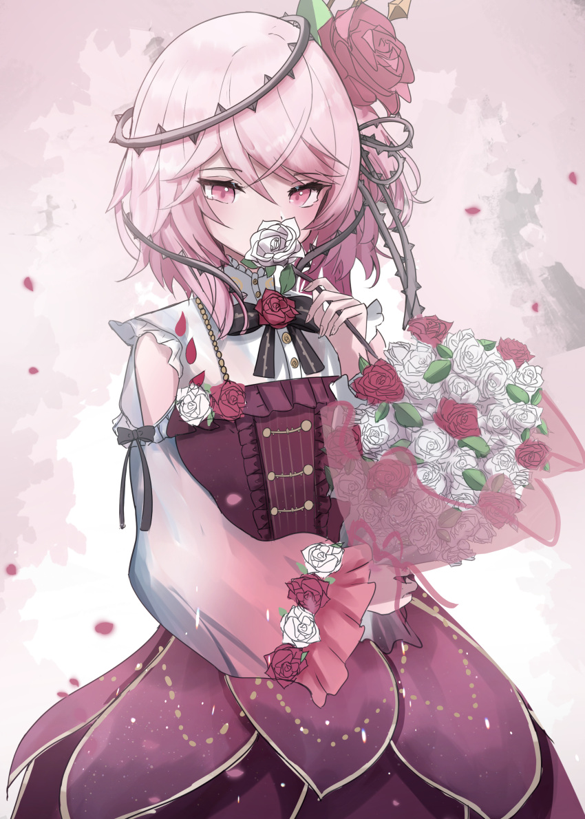 1girl, absurdres, bangs, black_bow, bouquet, bow, clothing_cutout, covered_mouth