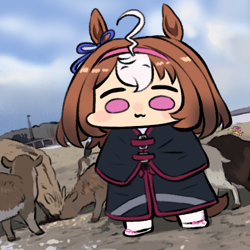 1girl, :3, adapted_costume, ahoge, brown_hair, chibi, coat, commentary