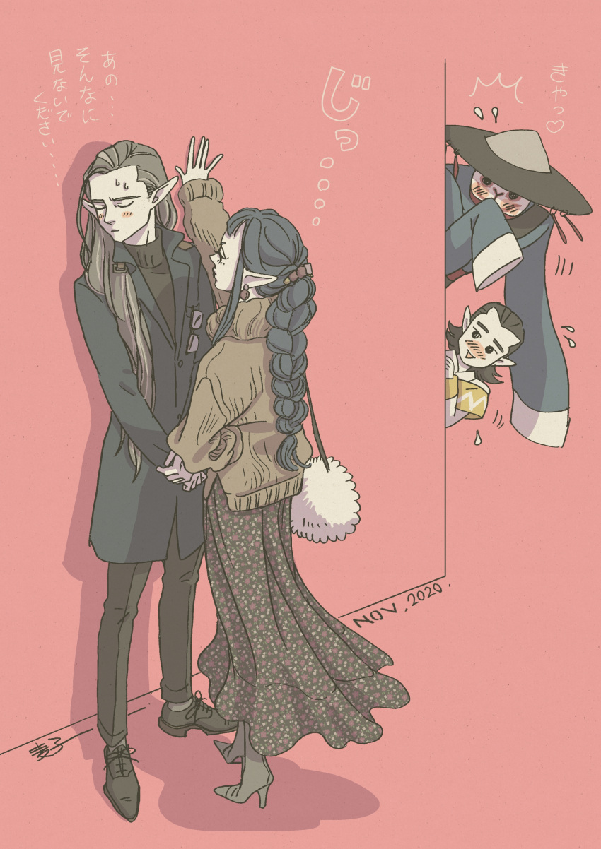 1girl, 3boys, absurdres, black_coat, black_footwear, black_hair, closed_eyes, coat