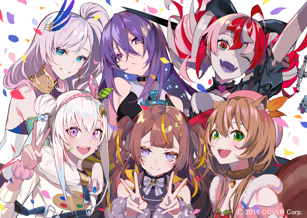 6+girls, ahoge, airani_iofifteen, animal_ears, anya_melfissa, area_15, ayunda_risu, bangs, bare_shoulders, black_choker, blonde_hair, bow, breasts, brown_hair, choker, colored_skin, double_bun, double_v, dress, everyone, eyebrows_visible_through_hair, feather_hair_ornament, feathers, gradient_hair, green_eyes, grey_hair, hair_bow, hair_ornament, heterochromia, hololive, hololive_indonesia, holoro, kureiji_ollie, lam_(ramdayo), long_hair, moona_hoshinova, multicolored_hair, multiple_girls, official_art, open_mouth, patchwork_skin, pavolia_reine, pink_hair, purple_hair, red_bow, red_eyes, redhead, side_ponytail, silver_hair, smile, squirrel_ears, squirrel_girl, stitched_face, stitches, two_side_up, v, violet_eyes, virtual_youtuber, yellow_eyes, zombie