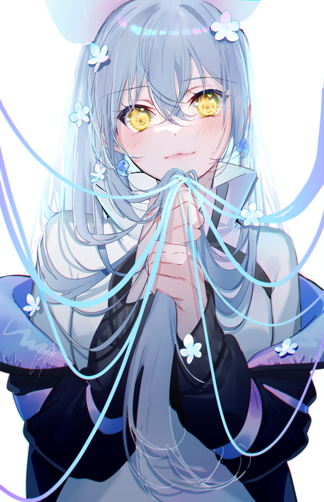 1girl, :3, alternate_costume, black_jacket, black_shorts, blush, bow, bow_hairband