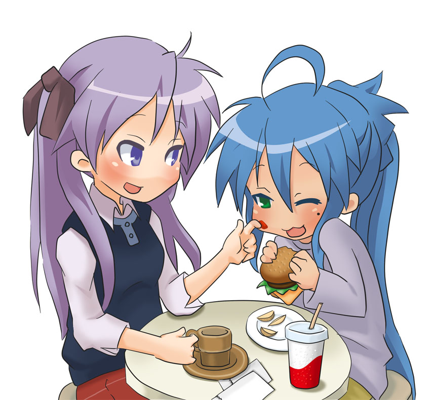 blue_eyes, blue_hair, cup, dorinko, drink, food, french_fries, green_eyes