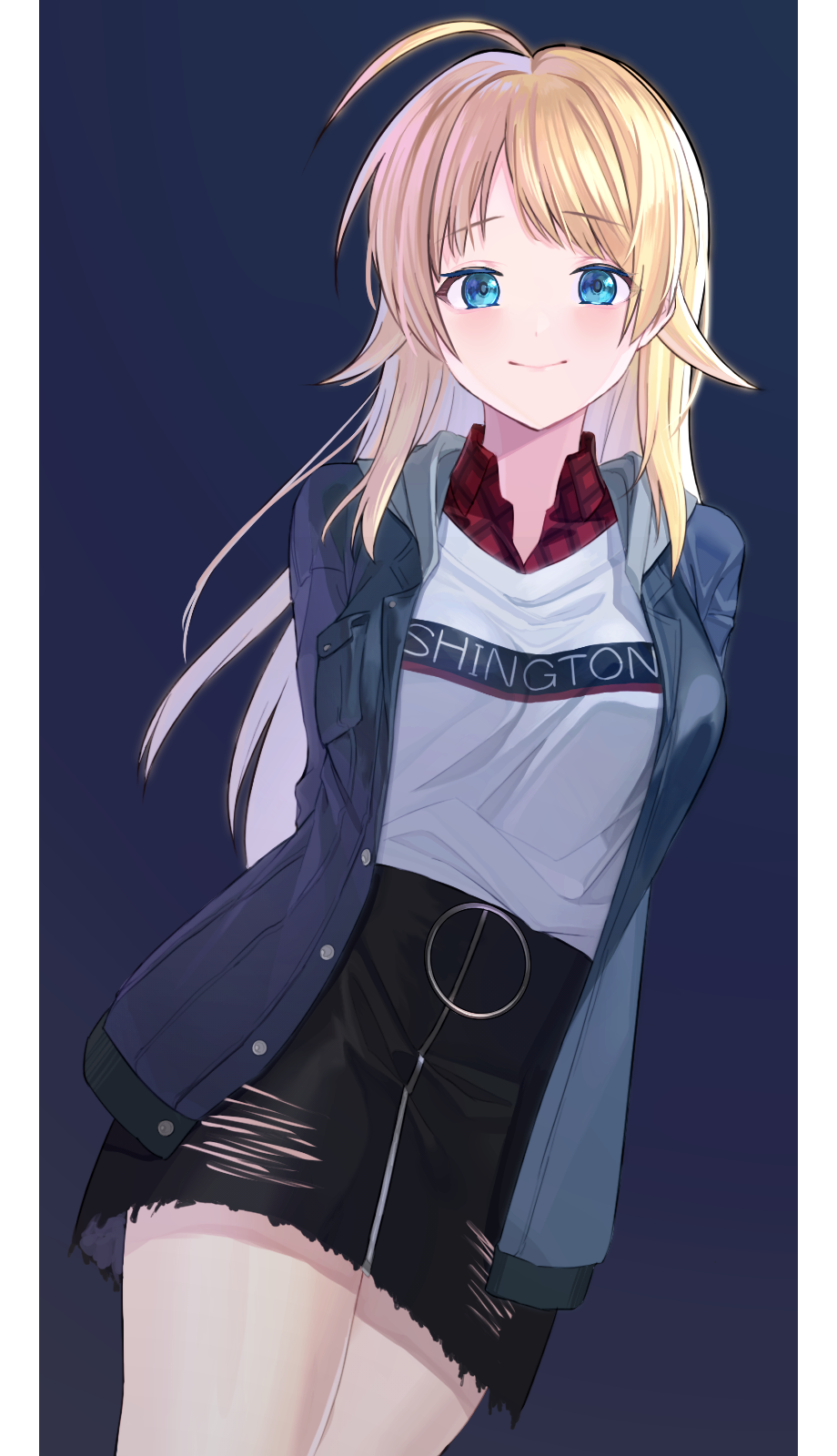 1girl, ahoge, arms_behind_back, bangs, black_skirt, blonde_hair, blue_background, blue_eyes