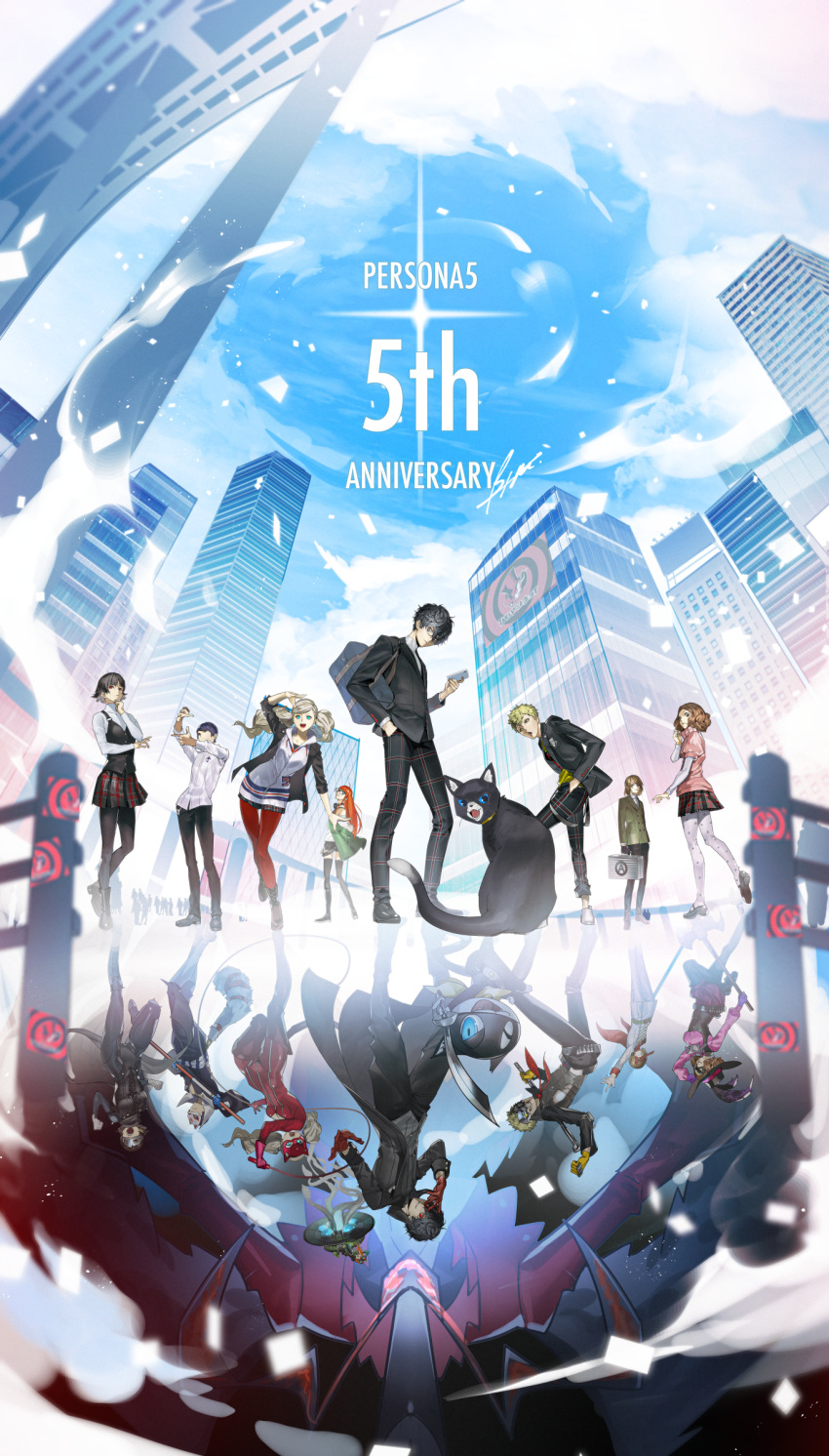 4girls, 6+boys, absurdres, akechi_gorou, amamiya_ren, arm_up, arsene_(persona_5), axe