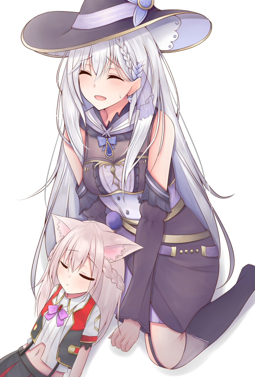 2girls, absurdres, animal_ear_fluff, animal_ears, braid, cat_ears, closed_eyes, detached_sleeves
