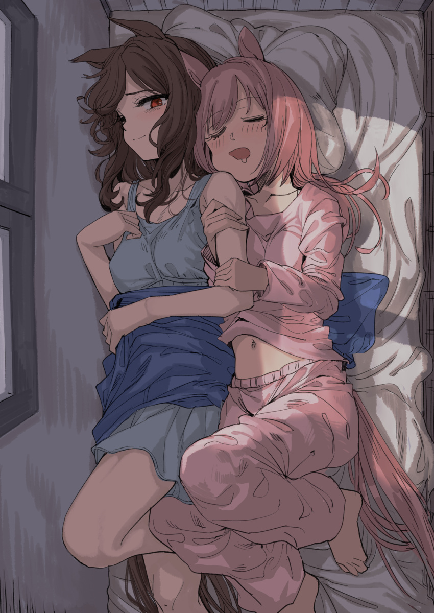 2girls, arm_hug, bangs, barefoot, blue_nightgown, blush, brown_hair, foot_out_of_frame