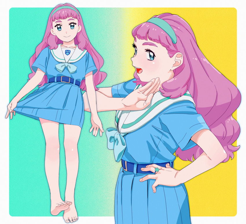 1girl, aqua_bow, aqua_bowtie, bangs, barefoot, belt, blue_eyes, blue_skirt, blunt_bangs, bow, bowtie, feet, hairband, hand_on_hip, highres, jewelry, laura_la_mer, long_hair, multiple_views, ojipon, open_mouth, pink_hair, precure, ring, sailor_collar, school_uniform, serafuku, short_sleeves, simple_background, skirt, smile, star_ring, tropical-rouge!_precure, white_sailor_collar