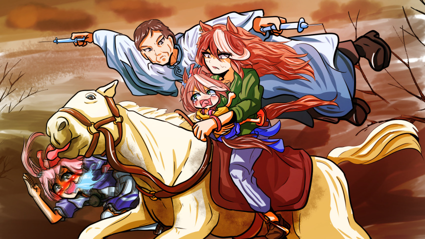 1boy, 1other, 3girls, agnes_digital_(umamusume), animal_ears, blush, bow, bridle, casual, commentary, crying, dual_wielding, erlkoenig, father_and_son, fine_art_parody, flying_spittle, gold_ship_(racehorse), hair_bow, highres, holding, holding_syringe, horse_ears, horse_girl, horse_tail, horseback_riding, long_hair, mejiro_family_doctor, motion_blur, multicolored_hair, multiple_girls, official_alternate_costume, parody, pink_hair, reins, revision, riding, robe, saddle, saliva, scene_reference, segen311, streaked_hair, sunken_cheeks, symboli_rudolf_(umamusume), syringe, tail, tokai_teio_(umamusume), umamusume, younger