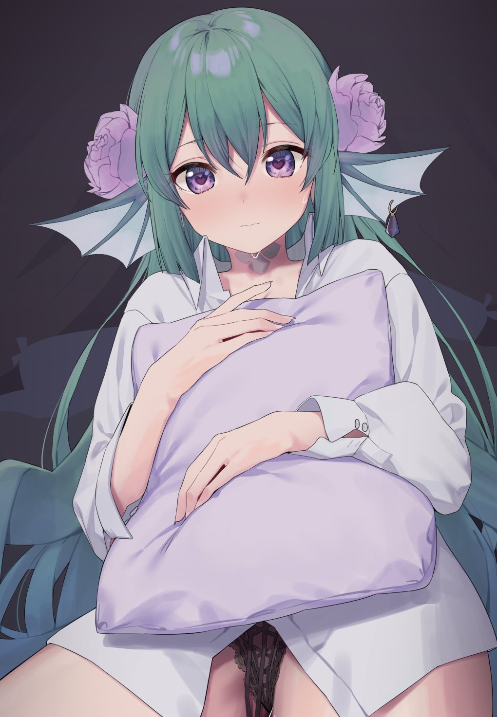 1girl, bangs, black_panties, blush, collared_shirt, cross-laced_clothes, cross-laced_panties, dress_shirt