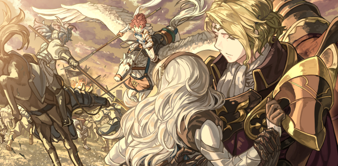 1boy, 3girls, animal, arm_around_waist, armor, banner, barding, battle, battlefield, black_armor, black_hairband, blonde_hair, blue_hair, brown_gloves, cape, cavalry, charging_forward, circlet, clouds, commentary_request, corrin_(fire_emblem), corrin_(fire_emblem)_(female), dated_commentary, day, emblem, fire, fire_emblem, fire_emblem_fates, flag, flagpole, floating_hair, gauntlets, gloves, gold_trim, gradient_hair, greaves, group_battle, hairband, harusame_(rueken), hinoka_(fire_emblem), holding, holding_lance, holding_polearm, holding_weapon, horse, horse_armor, horseback_riding, knight, lance, long_hair, looking_at_another, looking_to_the_side, multicolored_hair, multiple_girls, outdoors, pauldrons, pegasus, peri_(fire_emblem), plate_armor, polearm, purple_hair, red_cape, red_gloves, redhead, reins, riding, saddle, shiny, shiny_hair, short_hair, shoulder_armor, silver_hair, sky, soldier, standing, upper_body, war, weapon, wrist_grab, xander_(fire_emblem)