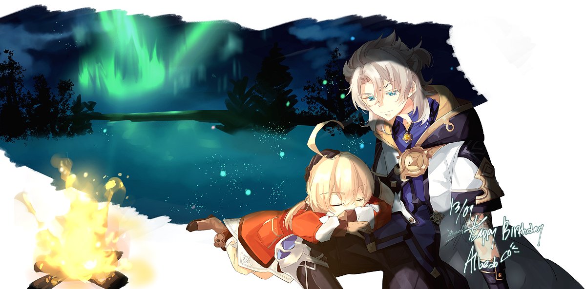 1boy, 1girl, ahoge, albedo_(genshin_impact), altoclub, aurora, bangs, belt