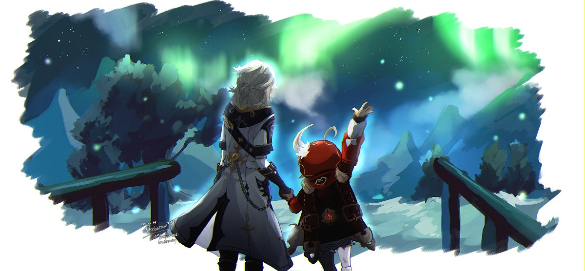 1boy, 1girl, ahoge, albedo_(genshin_impact), altoclub, arm_up, aurora, backpack