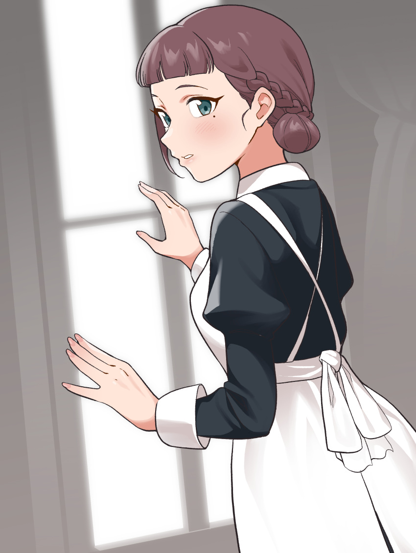 1girl, absurdres, apron, bangs, braid, breasts, brown_hair, commentary_request