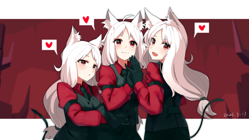 3girls, absurdres, animal_ears, black_gloves, black_tail, black_vest, cerberus_(helltaker), demon_girl, demon_tail, dog_ears, dog_girl, gloves, heart, helltaker, highres, long_hair, long_sleeves, low-tied_long_hair, multiple_girls, pixiv_18455301, red_eyes, red_shirt, shirt, spoken_heart, tail, triplets, vest, waistcoat, white_hair