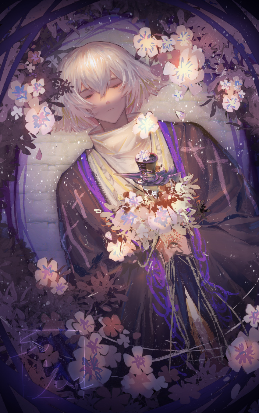 1boy, absurdres, cherry_blossoms, daleth, flower, glint, hair_between_eyes, highres