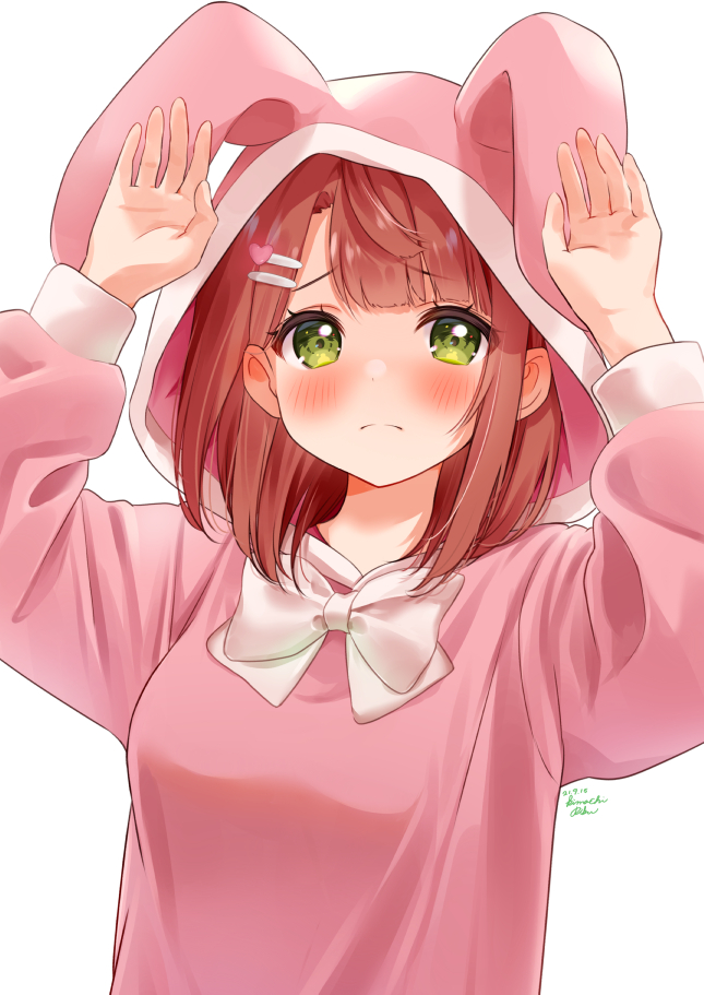 1girl, :d, animal_hood, bangs, blunt_bangs, blush, bow, bunny_hood