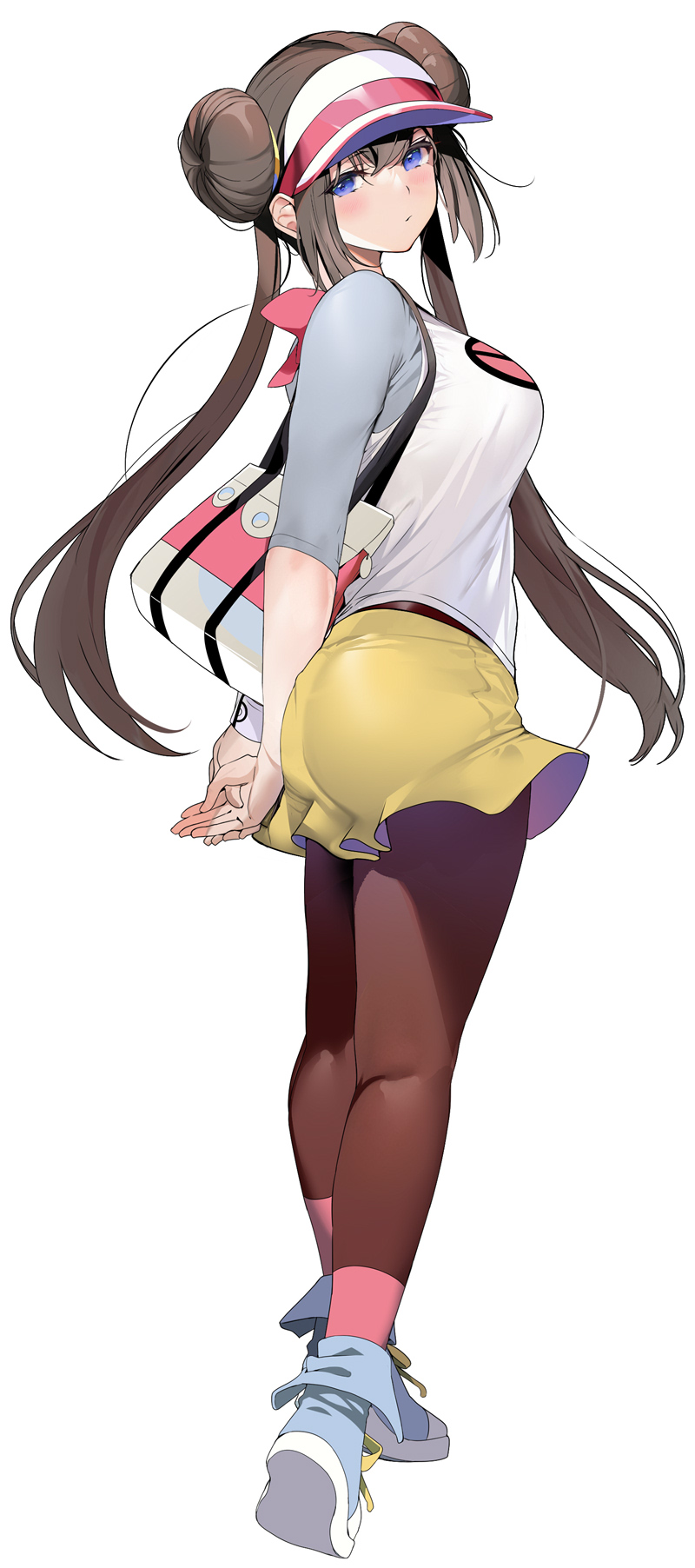 1girl, bag, blue_eyes, blue_footwear, breasts, brown_hair, brown_legwear, closed_mouth