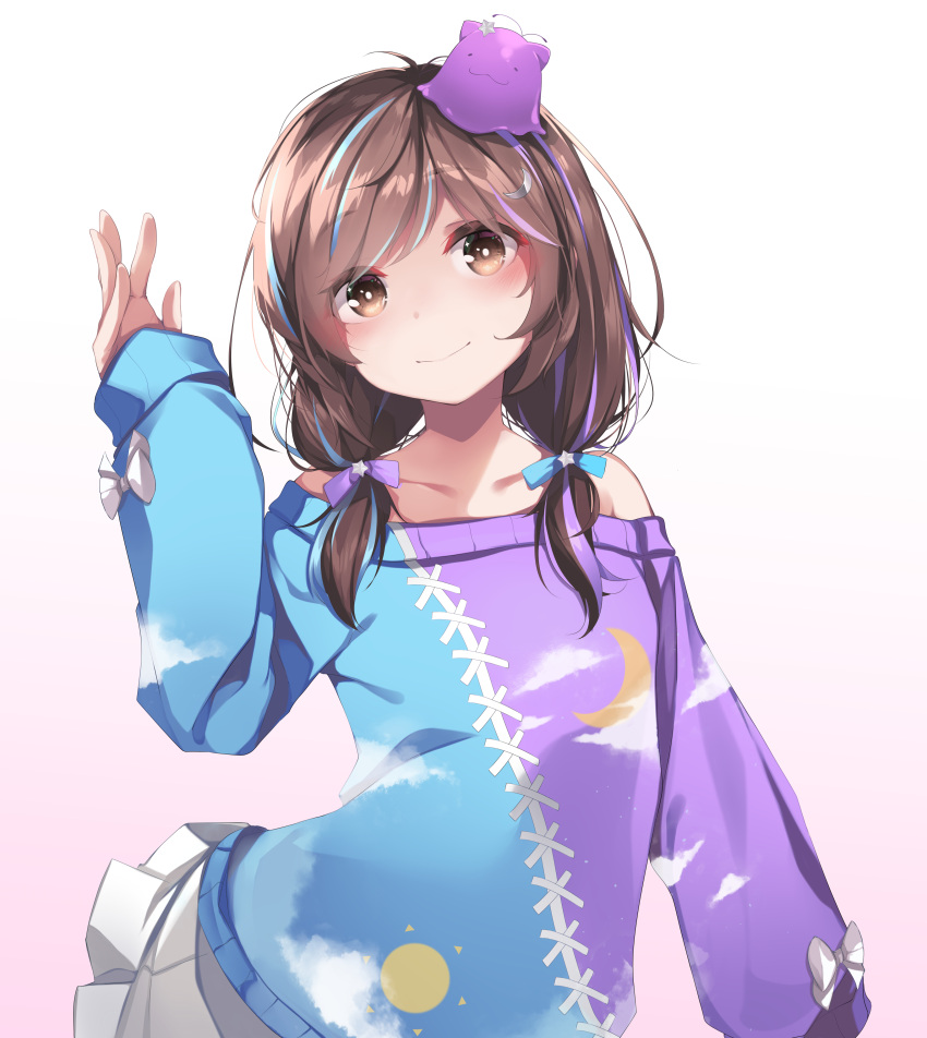 1girl, absurdres, bare_shoulders, brown_eyes, brown_hair, hair_ornament, hair_ribbon, highres