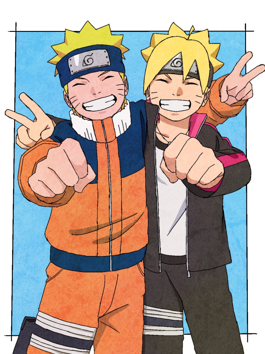 2boys, black_jacket, black_pants, blonde_hair, blue_background, border, boruto:_naruto_next_generations, clenched_hand