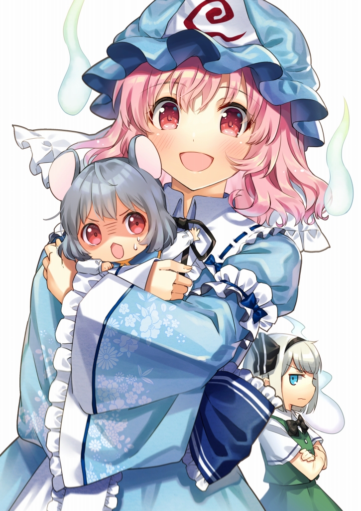 3girls, blue_eyes, grey_hair, kapuchii, konpaku_youmu, konpaku_youmu_(ghost), multiple_girls, nazrin, open_mouth, pink_eyes, pink_hair, red_eyes, saigyouji_yuyuko, shaded_face, short_hair, silver_hair, simple_background, smile, touhou, white_background