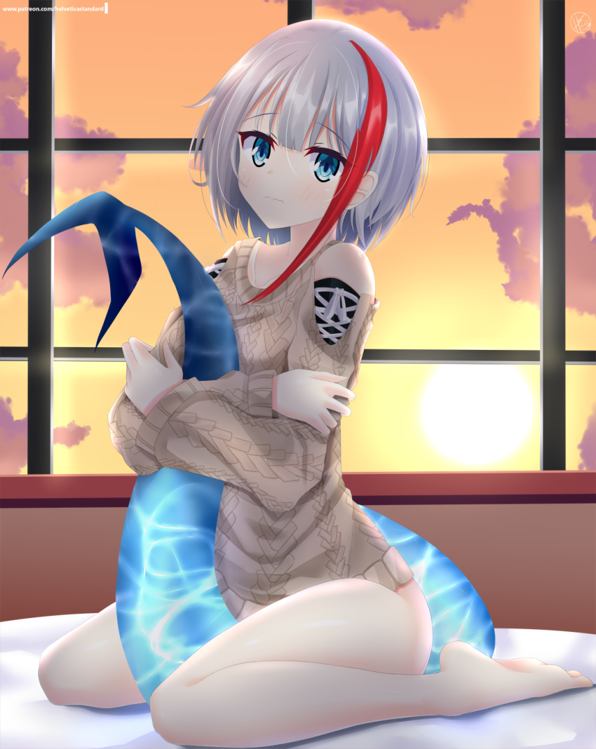 1girl, 3:, admiral_graf_spee_(azur_lane), admiral_graf_spee_(daily_peaceful_life)_(azur_lane), azur_lane, bangs, bare_legs, barefoot, bed_sheet, blue_eyes, blunt_bangs, brown_sweater, clouds, cloudy_sky, collarbone, commentary_request, eyebrows_visible_through_hair, eyes_visible_through_hair, fish_tail, hair_between_eyes, helvetica_std, highres, long_sleeves, looking_at_viewer, multicolored_hair, no_pants, short_hair, short_hair_with_long_locks, sidelocks, silver_hair, sitting, sky, solo, streaked_hair, sun, sweater, tail, tail_hug, twilight, two-tone_hair, wariza, window