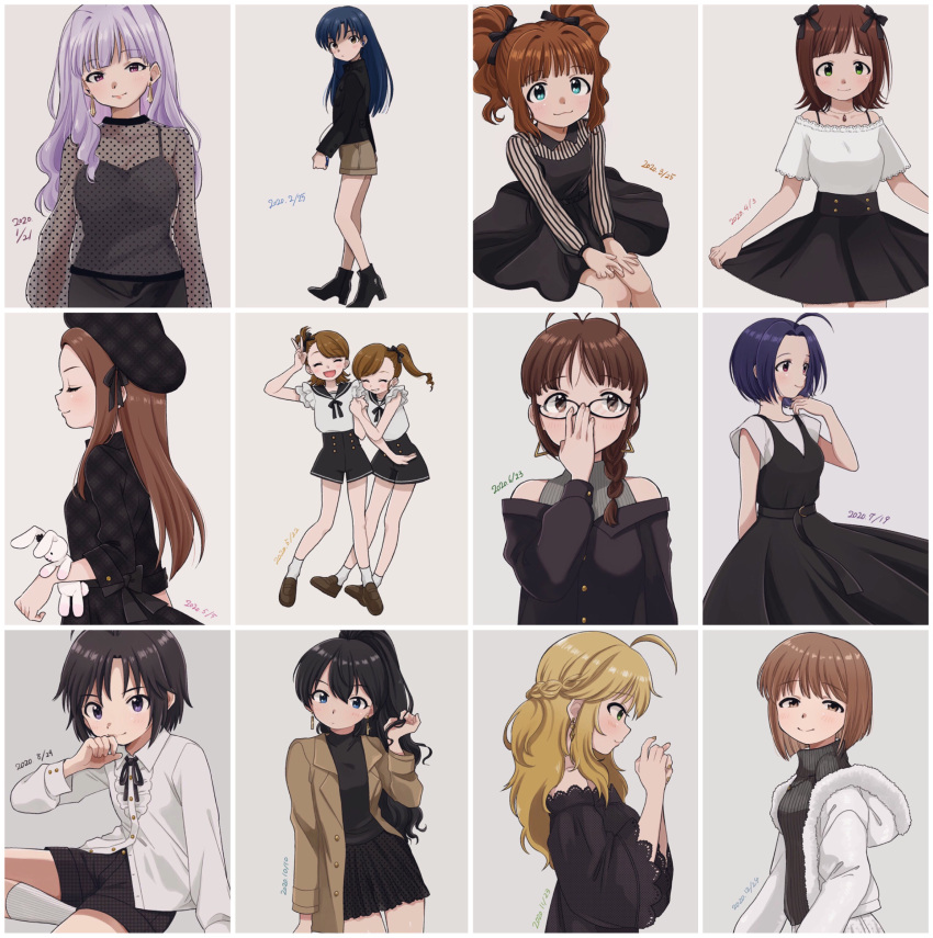 absurdres, akizuki_ritsuko, alternate_costume, amami_haruka, black_dress, border, collage, cowboy_shot, dated, dress, everyone, full_body, futami_ami, futami_mami, ganaha_hibiki, hagiwara_yukiho, highres, hoshii_miki, idolmaster, idolmaster_(classic), idolmaster_million_live!, kikuchi_makoto, kisaragi_chihaya, light_smile, looking_at_viewer, looking_away, minase_iori, miura_azusa, naruse_ill, profile, shijou_takane, smile, takatsuki_yayoi, upper_body, white_border