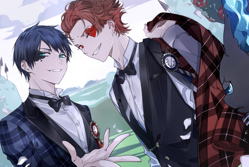 >_o, 2boys, ace_trappola, black_cat, black_vest, blue_eyes, blue_hair, blue_jacket