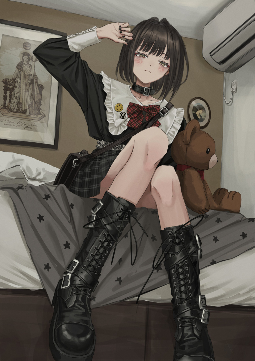 1girl, absurdres, air_conditioner, belt, belt_collar, black_belt, black_bow, black_legwear