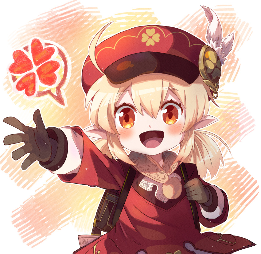 1girl, :d, ahoge, backpack, bag, bangs, brown_gloves, brown_scarf, cabbie_hat, clover_print, coat, commentary_request, eyebrows_visible_through_hair, genshin_impact, gloves, hair_between_eyes, hat, hat_feather, hat_ornament, highres, klee_(genshin_impact), light_brown_hair, long_hair, long_sleeves, looking_at_viewer, low_twintails, open_mouth, orange_eyes, pocket, pointy_ears, randoseru, reaching_out, red_coat, red_headwear, ritsuki_nazusa, scarf, sidelocks, simple_background, smile, solo, spoken_object, twintails