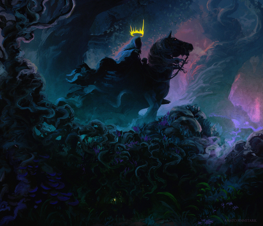 1boy, anato_finnstark, cloak, commentary, crown, dark, english_commentary, forest