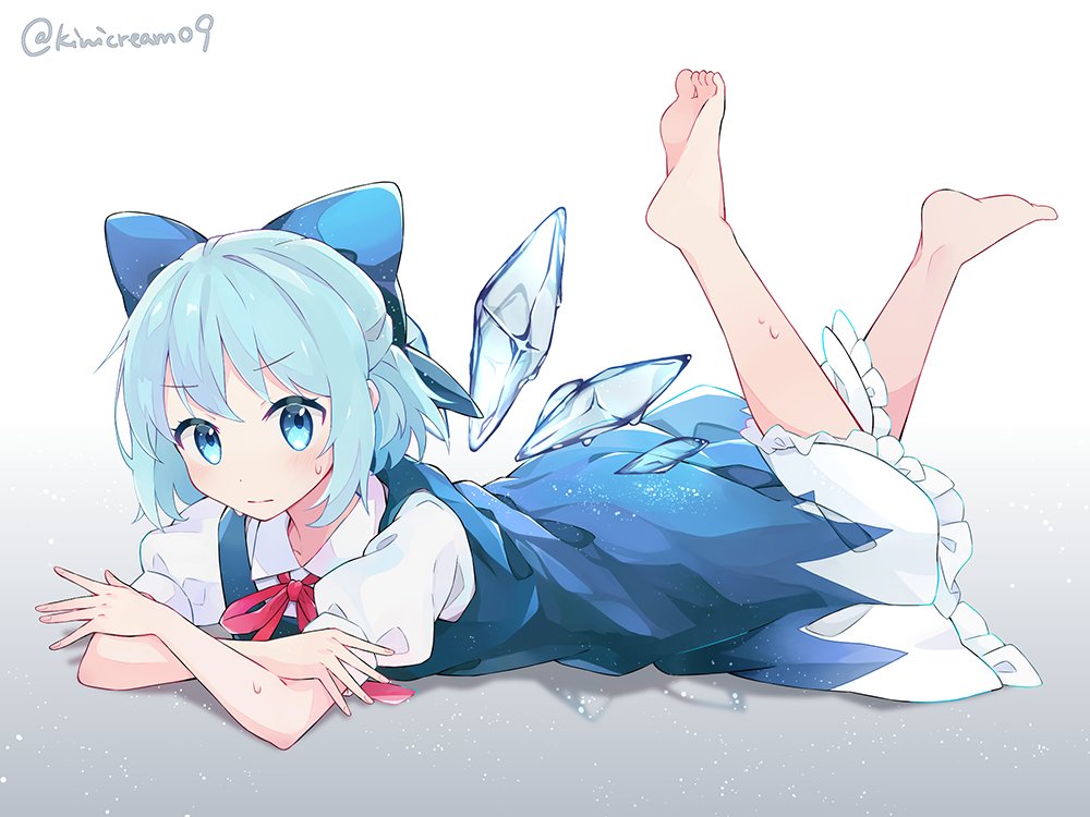 bangs, barefoot, blue_bow, blue_dress, blue_eyes, blue_hair, bow, cirno, commentary_request, detached_wings, dress, feet_up, full_body, gradient, gradient_background, grey_background, hair_bow, ice, ice_wings, kiwicream09, looking_at_viewer, lying, neck_ribbon, on_stomach, red_neckwear, ribbon, shirt, short_hair, short_sleeves, sweat, touhou, twitter_username, white_background, white_shirt, wings