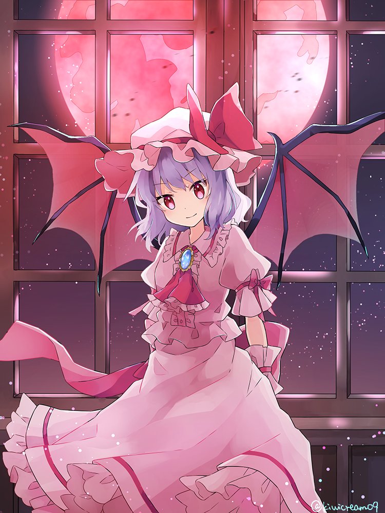 1girl, arms_behind_back, ascot, back_bow, bat_wings, bow, breasts, brooch