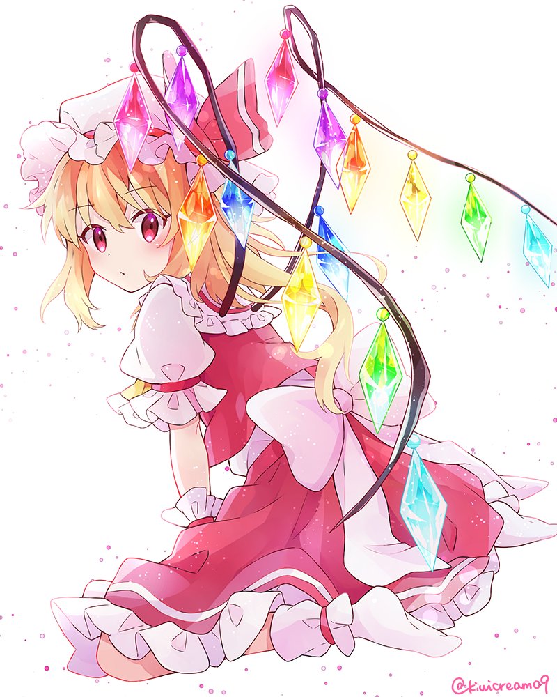 1girl, back_bow, blonde_hair, bow, crystal, flandre_scarlet, from_behind, hat
