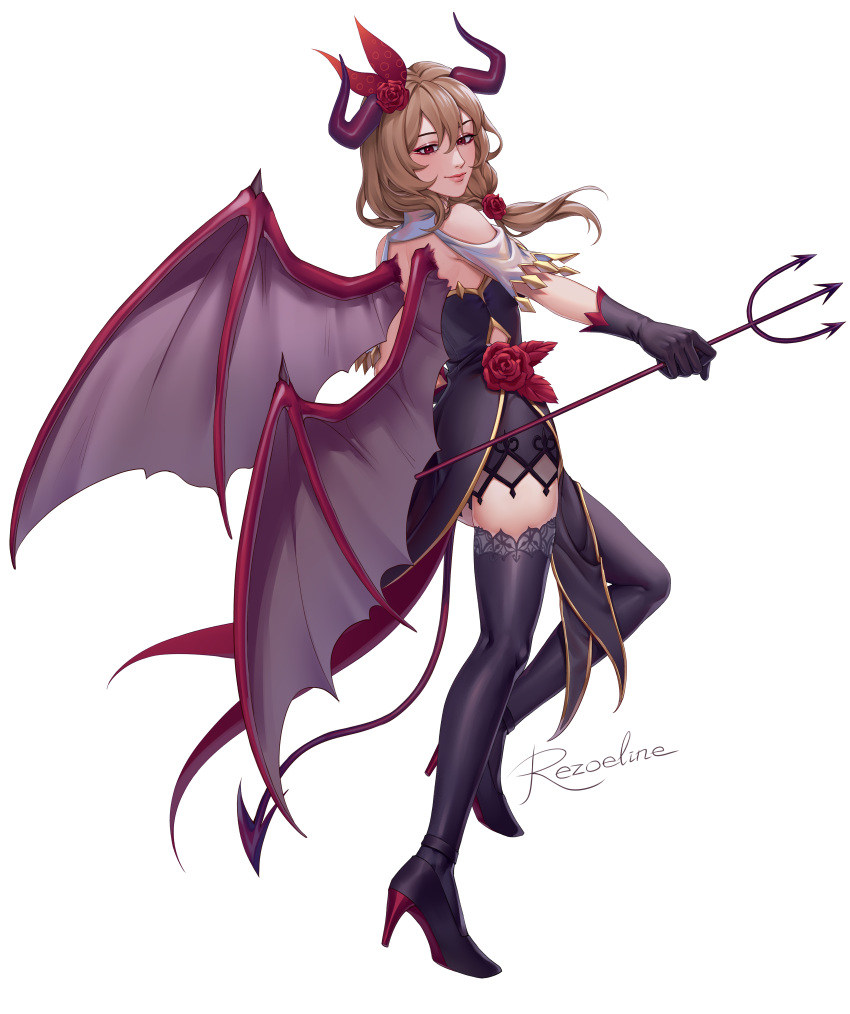 1girl, absurdres, alternate_costume, alternate_eye_color, bangs, bare_back, black_footwear, black_gloves, black_legwear, brown_hair, demon_girl, demon_horns, demon_wings, detached_sleeves, elbow_gloves, eyebrows_visible_through_hair, flower, from_behind, full_body, genshin_impact, gloves, hair_between_eyes, hair_flower, hair_ornament, high_heels, highres, holding_trident, horns, lisa_(genshin_impact), long_hair, looking_at_viewer, looking_back, red_eyes, rezoeline, sidelocks, signature, simple_background, smile, solo, standing, standing_on_one_leg, thigh-highs, white_background, wings, zettai_ryouiki
