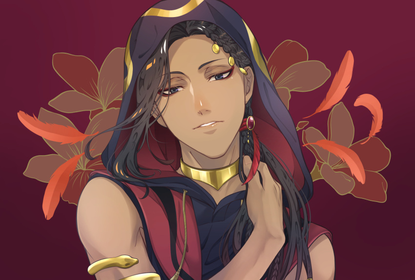 1boy, bare_shoulders, black_eyes, black_hair, braid, dark-skinned_male, dark_skin, eyeliner