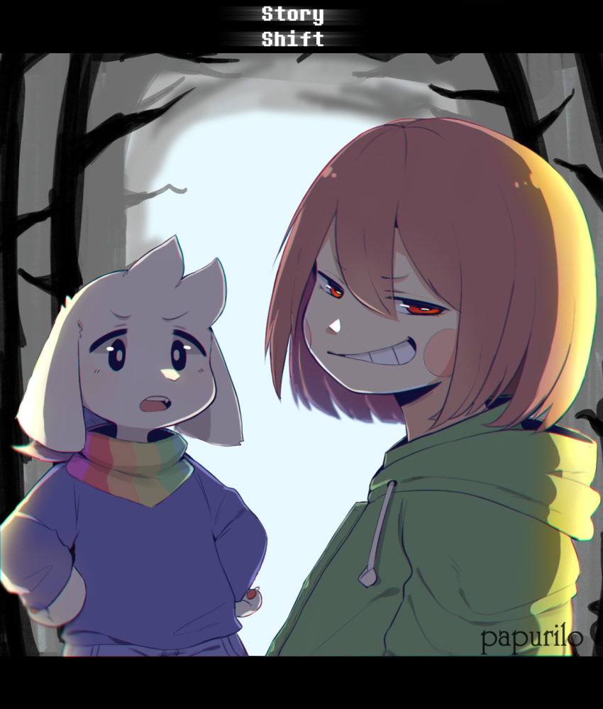 1boy, 1girl, asriel_dreemurr, black_border, black_eyes, blue_hoodie, border, brown_hair