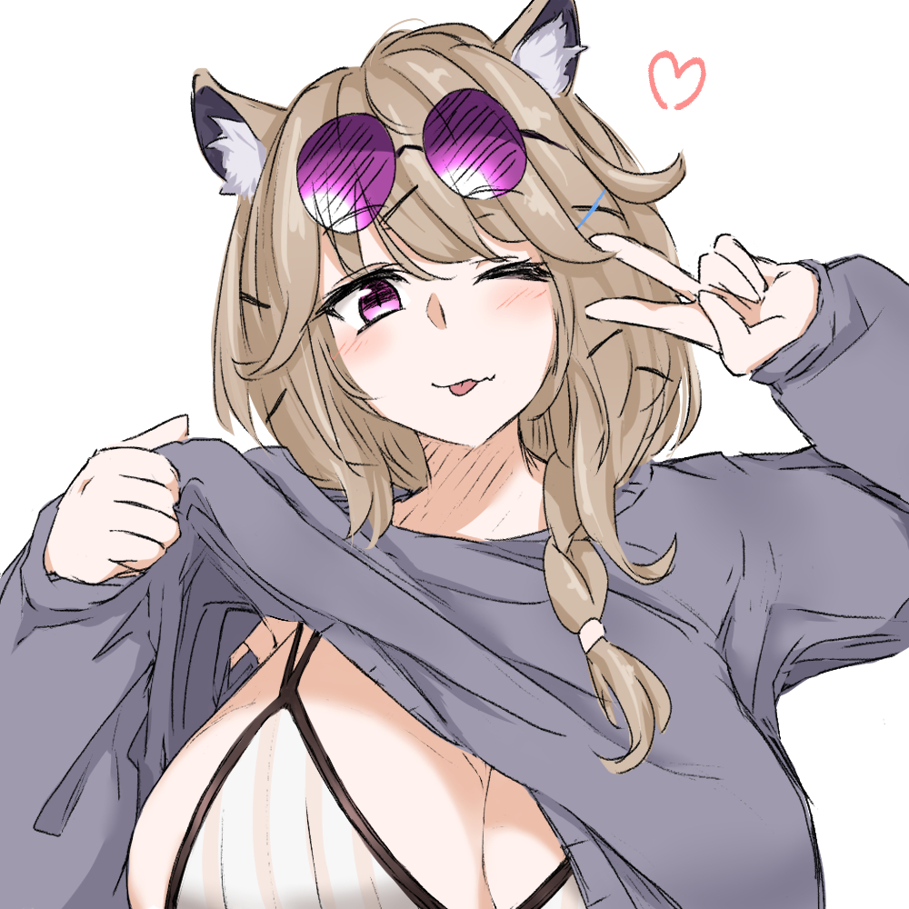 1girl, ;), animal_ears, arknights, bangs, bikini, bikini_under_clothes, blonde_hair