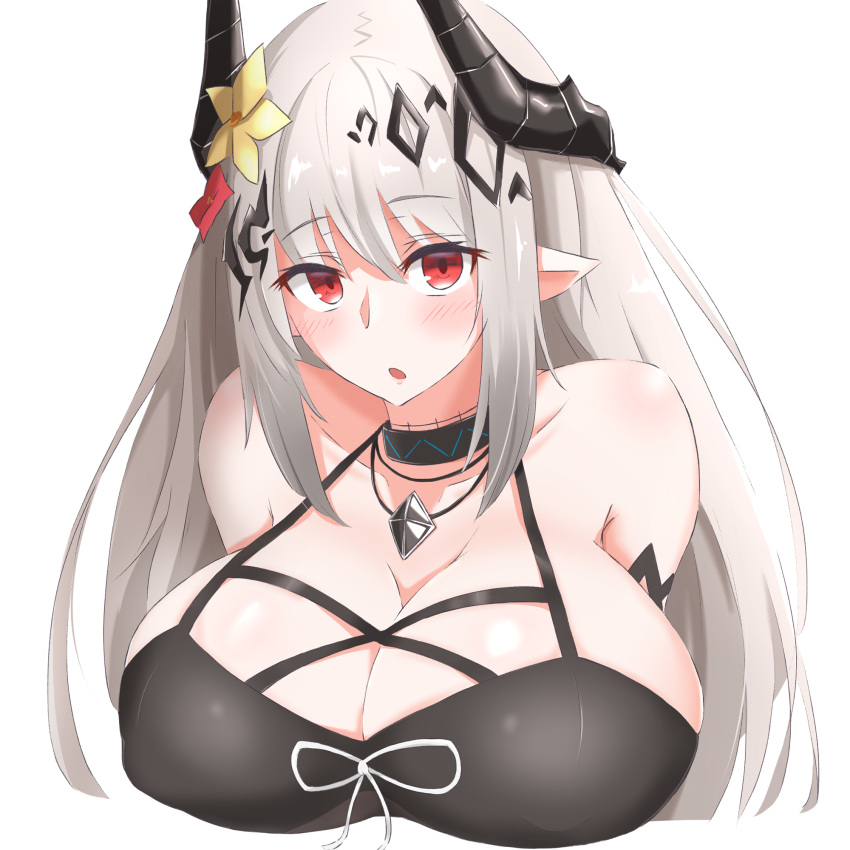 1girl, :o, arknights, bikini, black_bikini, breasts, demon_horns, flower, grey_hair, hair_between_eyes, hair_flower, hair_ornament, highres, horns, huge_breasts, infection_monitor_(arknights), long_hair, looking_at_viewer, maiq06, mudrock_(arknights), mudrock_(silent_night)_(arknights), official_alternate_costume, oripathy_lesion_(arknights), pointy_ears, red_eyes, solo, stomach, swimsuit, under_boob, upper_body, white_background, yellow_flower