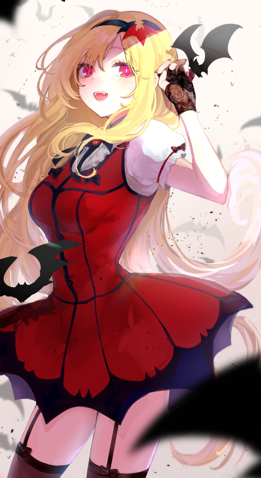 1girl, :d, absurdres, bat, bat_hair_ornament, blonde_hair, blurry, blurry_foreground, blush, breasts, cowboy_shot, dress, fangs, fingerless_gloves, floating_hair, garter_straps, gloves, hair_ornament, hairband, hand_up, highres, idolmaster, idolmaster_cinderella_girls, kurosaki_chitose, lace-trimmed_gloves, lace_trim, long_hair, looking_at_viewer, medium_breasts, my_dear_vampire_(idolmaster), nail_polish, nekouta_(hnma3785), open_mouth, puffy_short_sleeves, puffy_sleeves, red_dress, red_eyes, short_sleeves, smile, solo, thigh-highs, very_long_hair, zettai_ryouiki