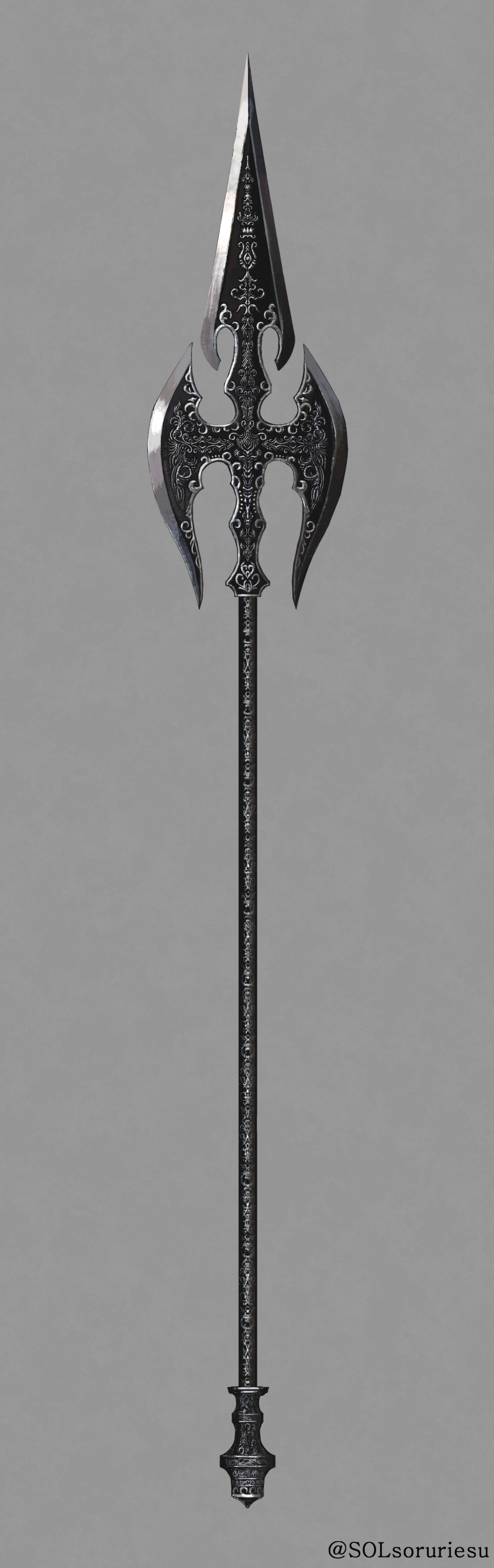 absurdres, commentary_request, fantasy, grey_background, highres, lance, no_humans, original, polearm, simple_background, sollies, still_life, weapon, weapon_focus