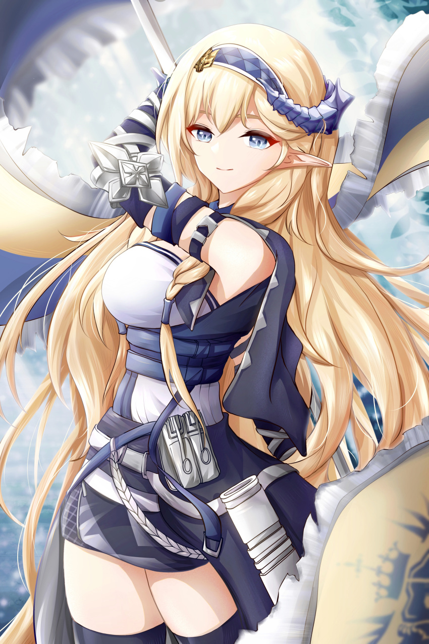 1girl, absurdres, arknights, arm_strap, arm_up, blonde_hair, blue_gloves, blue_hairband