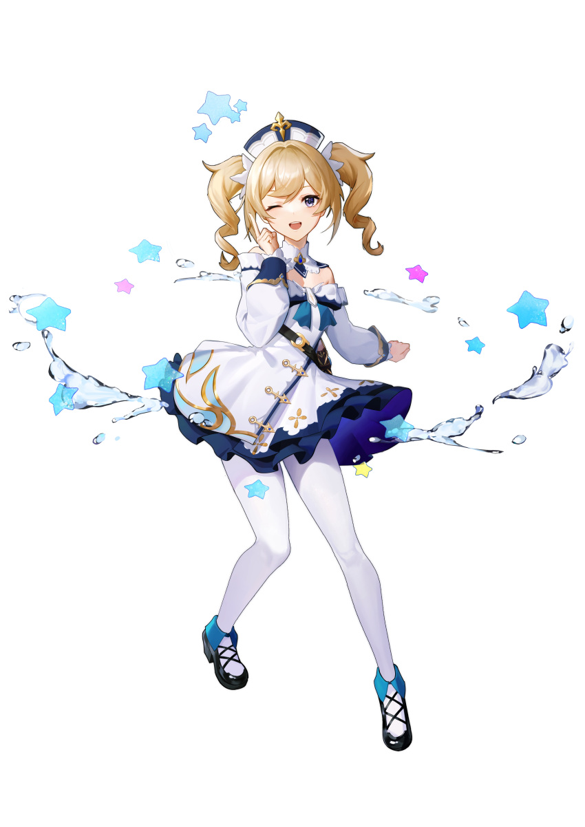 1girl, ;d, absurdres, bangs, barbara_(genshin_impact), bare_shoulders, black_footwear, blonde_hair, blush, detached_collar, detached_sleeves, dress, frilled_dress, frills, full_body, genshin_impact, highres, index_finger_raised, long_hair, long_sleeves, looking_at_viewer, one_eye_closed, open_mouth, pantyhose, simple_background, smile, solo, star_(symbol), starlab, strapless, strapless_dress, twintails, violet_eyes, water, white_background, white_dress, white_headwear, white_legwear